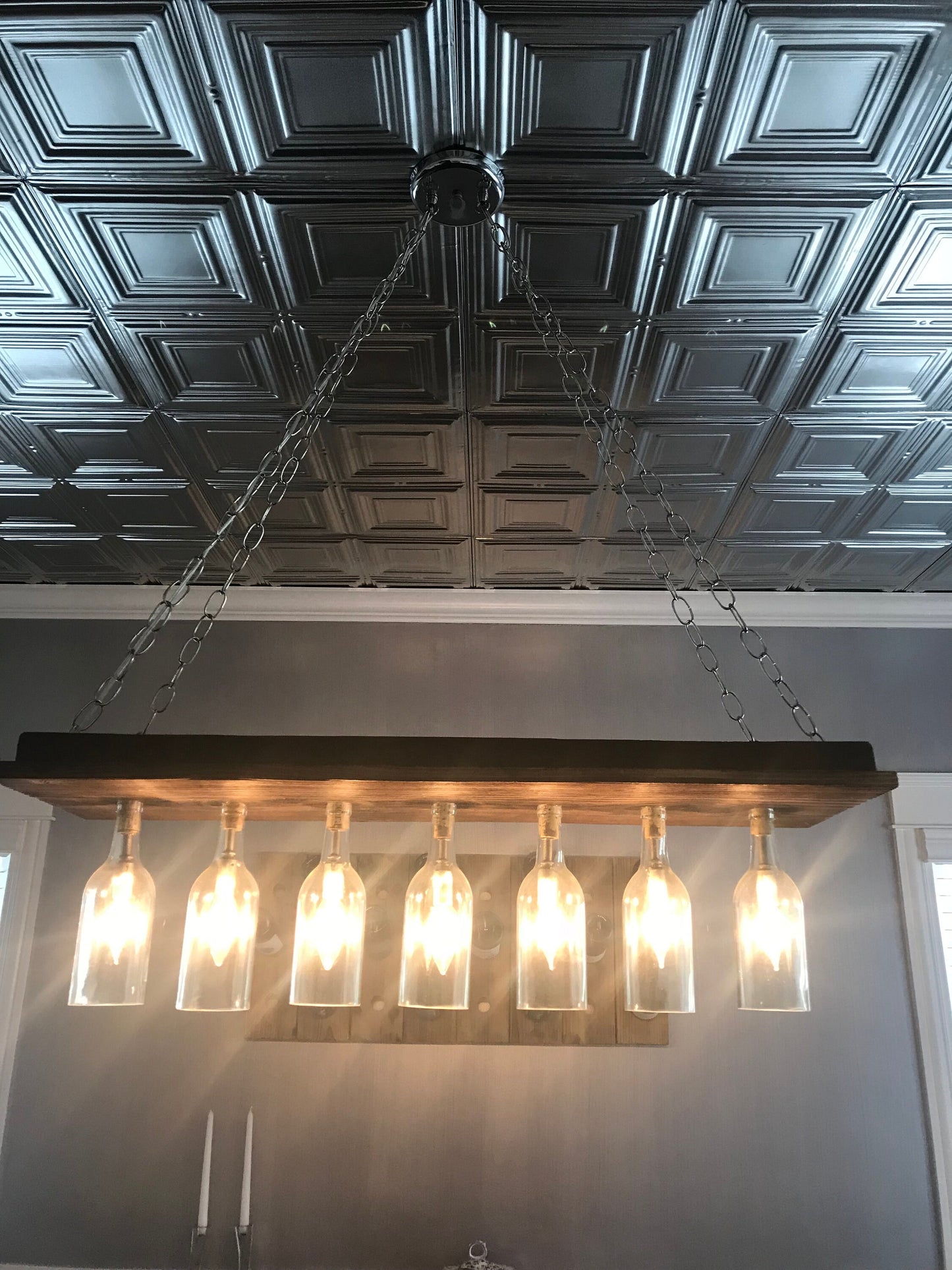 Wine Bottle and Barn Wood Chandelier - Sasya - Made from reclaimed barn wood and wine bottles. 100% Recycled!