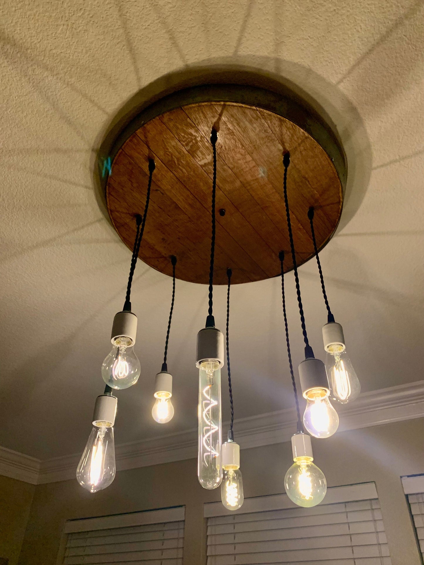Wine Barrel Head Adjustable Chandelier - Resplendent - Made from retired CA wine barrels. 100% Recycled!