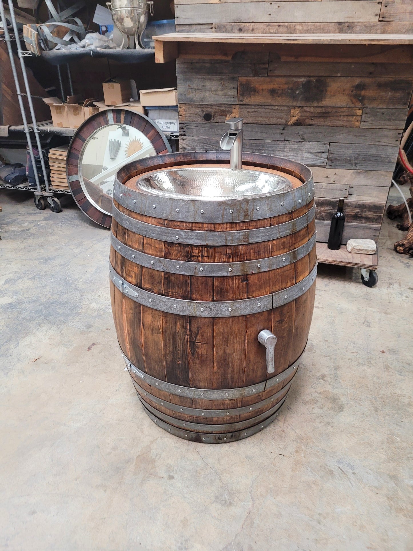 Wine Barrel Sink Vanity Nickel Sink and Faucet - Lekara - Made from retired CA wine barrel 100% Recycled!!