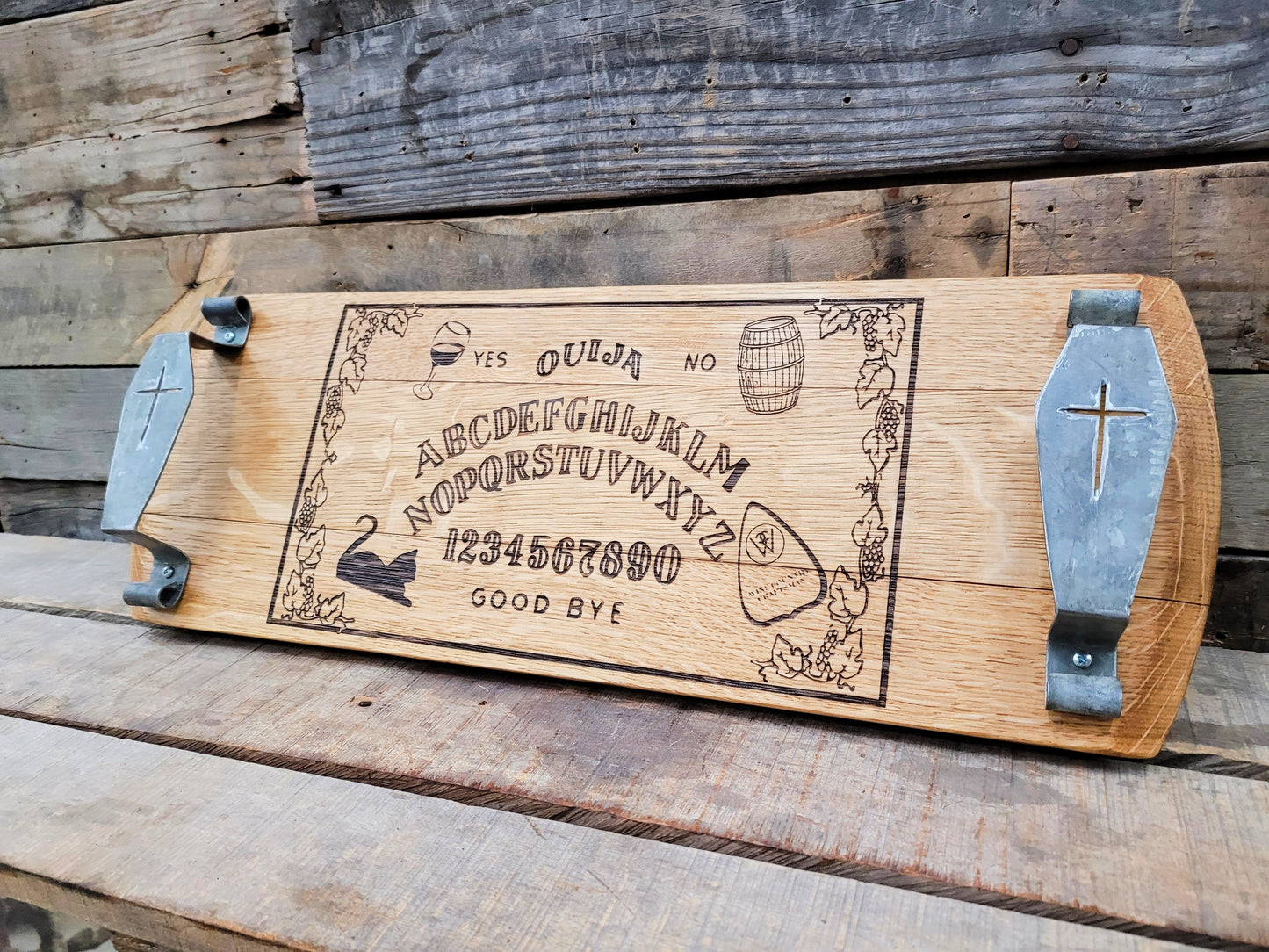 Halloween Cutting / Serving Board w/ Coffin Handles - Ouija - Made from retired California wine barrels. 100% Recycled!