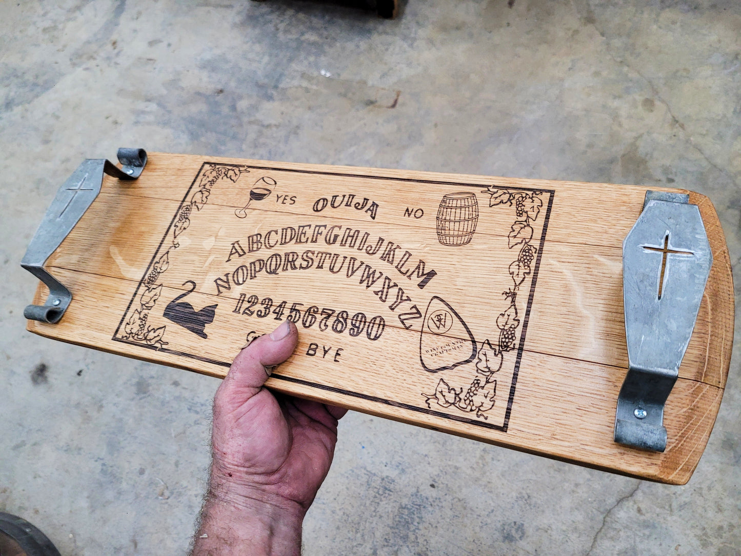 Halloween Cutting / Serving Board w/ Coffin Handles - Ouija - Made from retired California wine barrels. 100% Recycled!