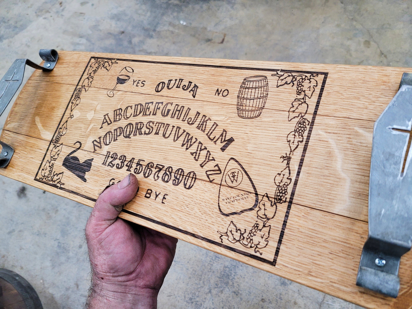 Halloween Cutting / Serving Board w/ Coffin Handles - Ouija - Made from retired California wine barrels. 100% Recycled!