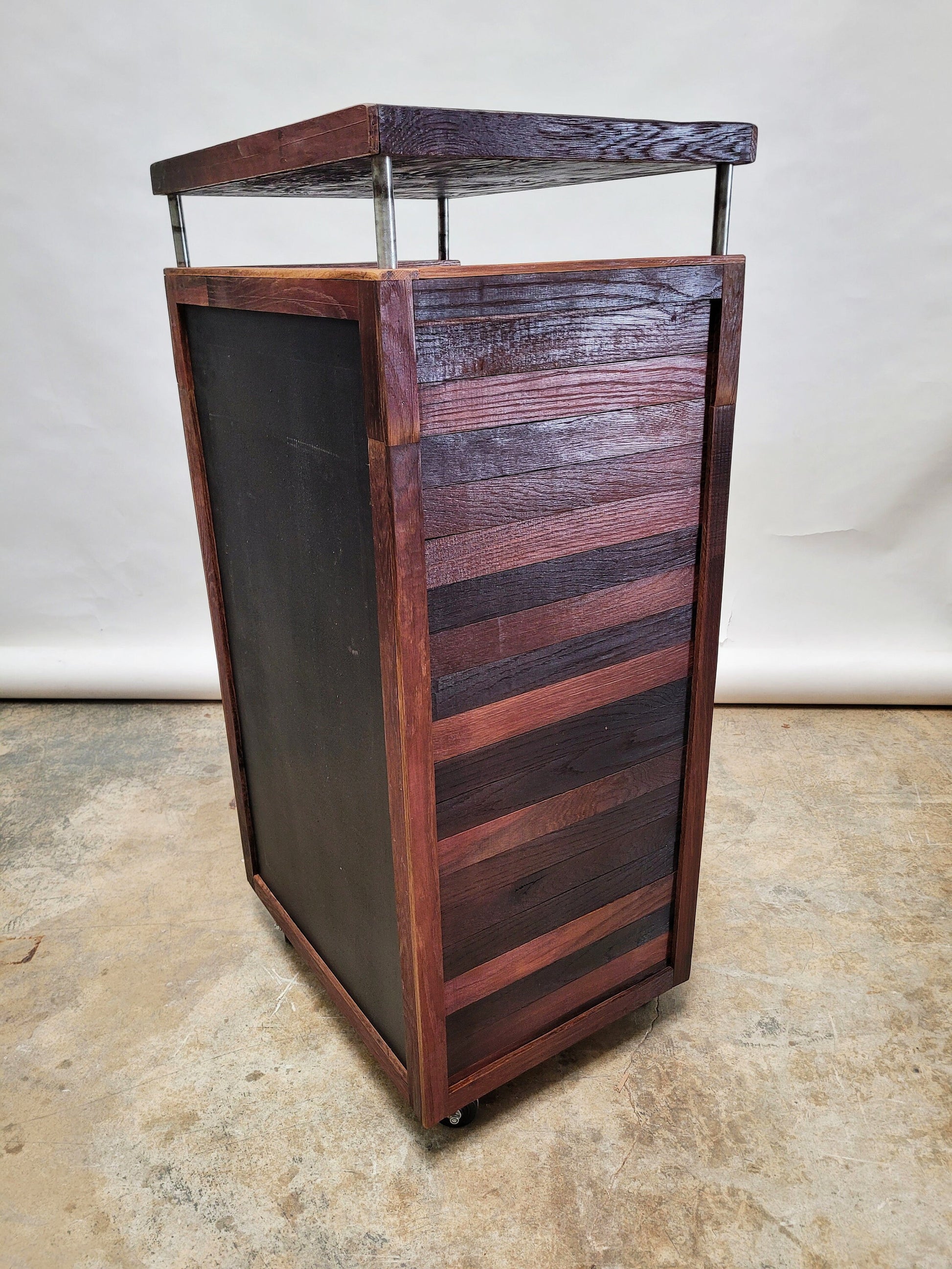 Hostess Stand POS Podium - Kursu - Made from retired CA wine barrels with chalkboard. 100% Recycled!