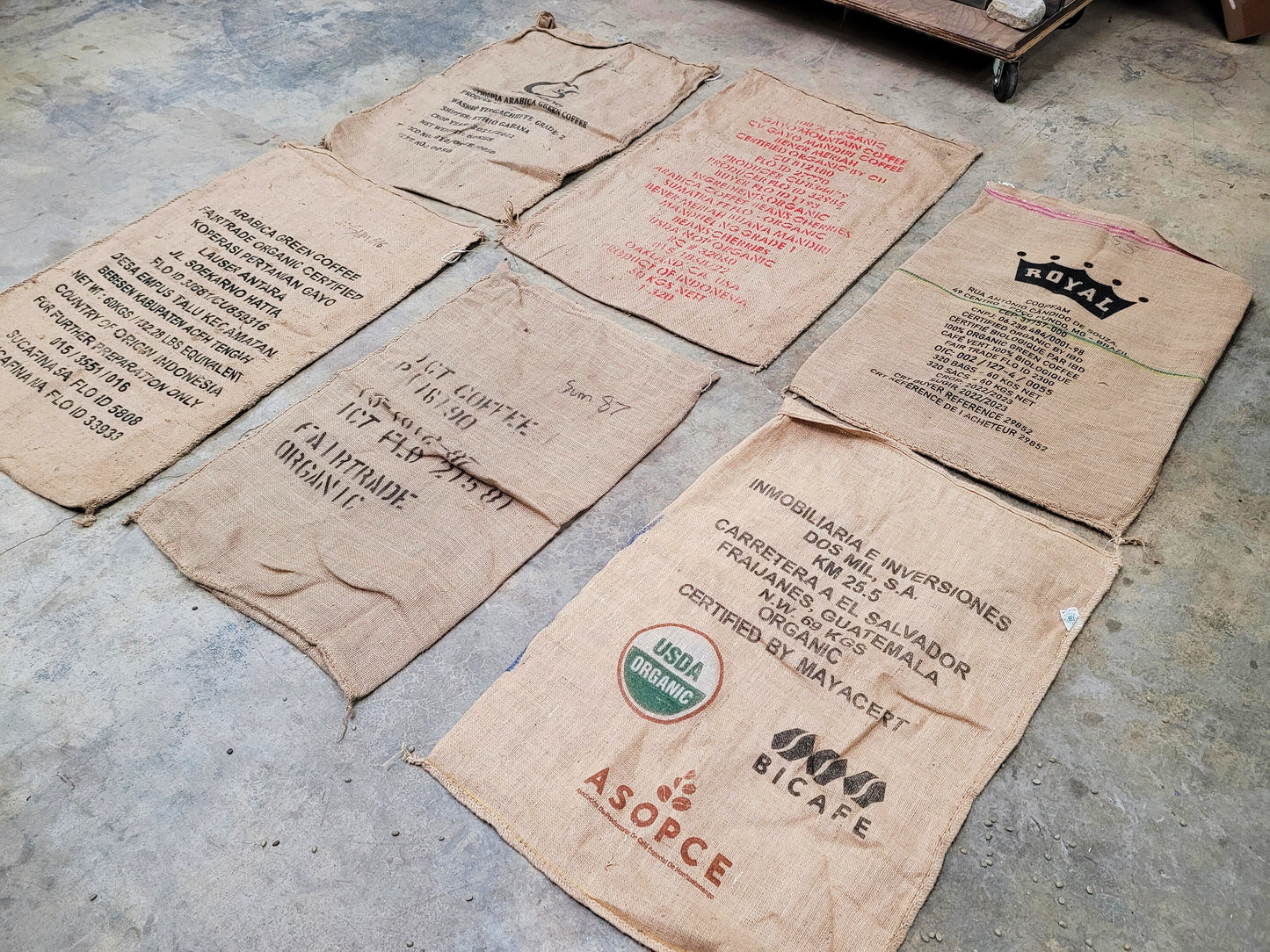 SALE Set of 6 Burlap Coffee bags 100% Recycled + Ready to Ship! LOT 6