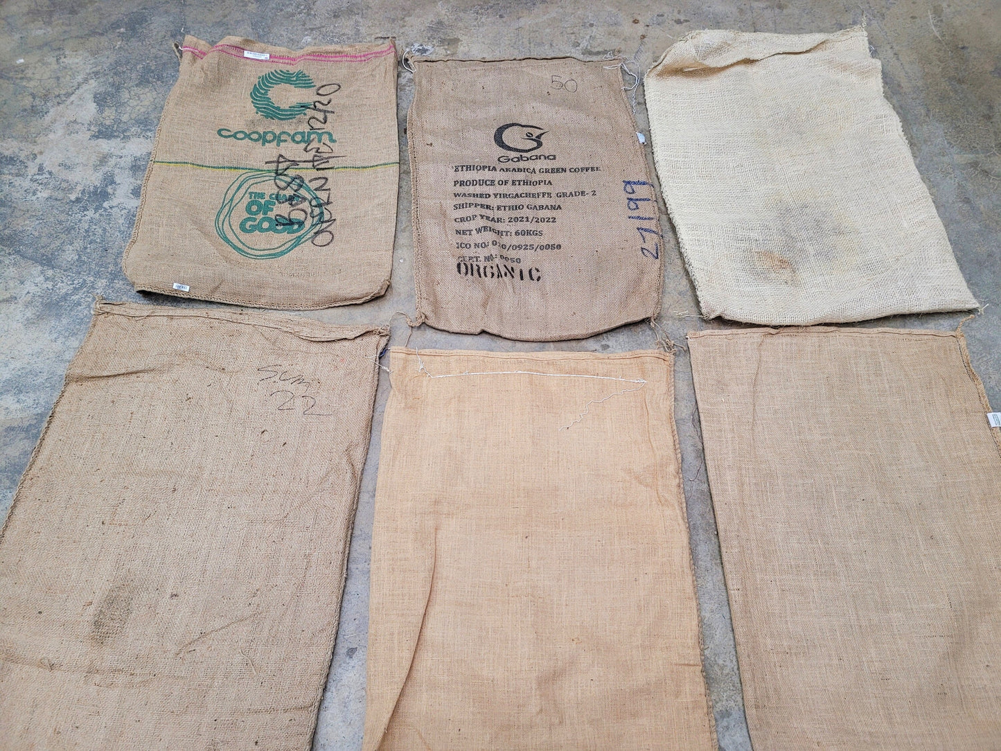 SALE Set of 6 Burlap Coffee bags 100% Recycled + Ready to Ship! LOT 2