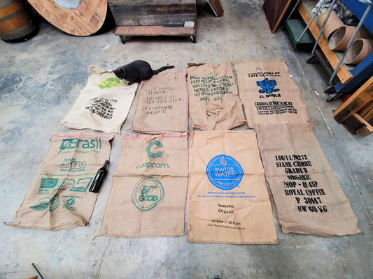 SALE Set of 8 Burlap Coffee bags 100% Recycled + Ready to Ship! LOT 1