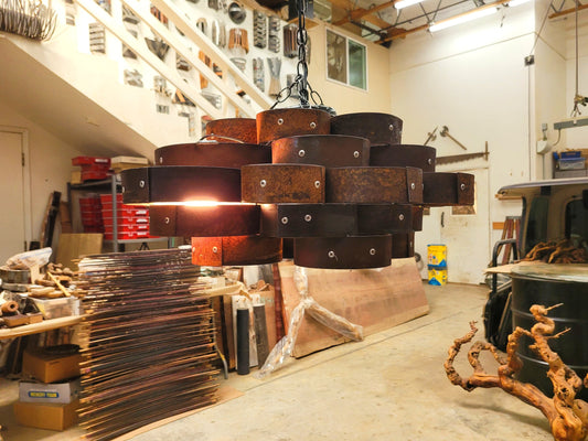 Whiskey Barrel Chandelier - PARVI - Made from Retired Whisky barrel rings. 100% Recycled!