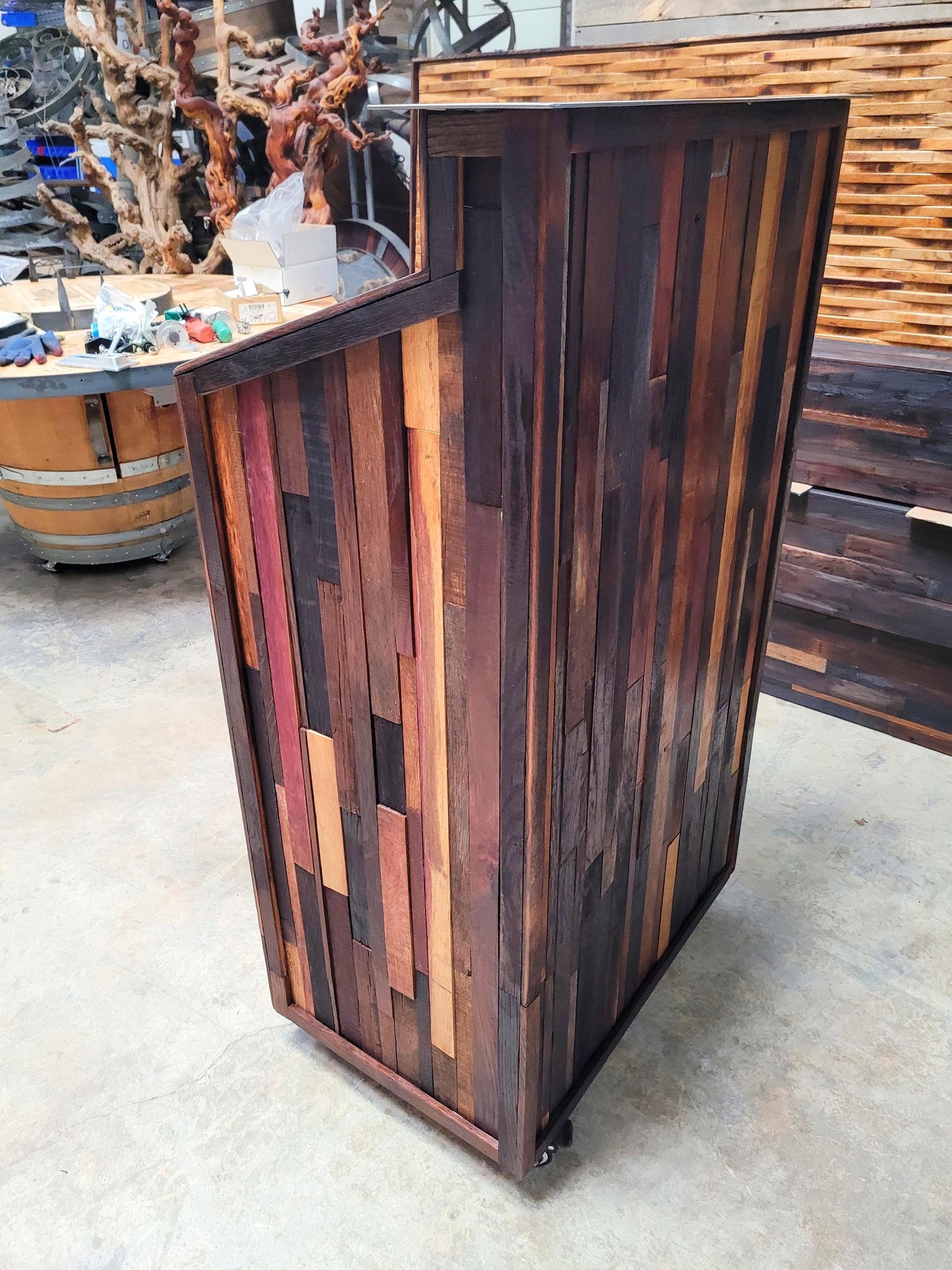 Ready to Ship!! Hostess Stand Podium POS - TERONO - Made from retired California wine barrels. 100% Recycled