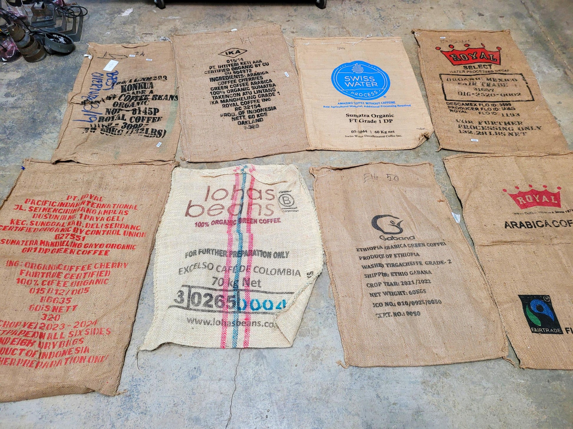 SALE Set of 8 Burlap Coffee bags plus one extra, my treat! 100% Recycled + Ready to Ship! 070524-3