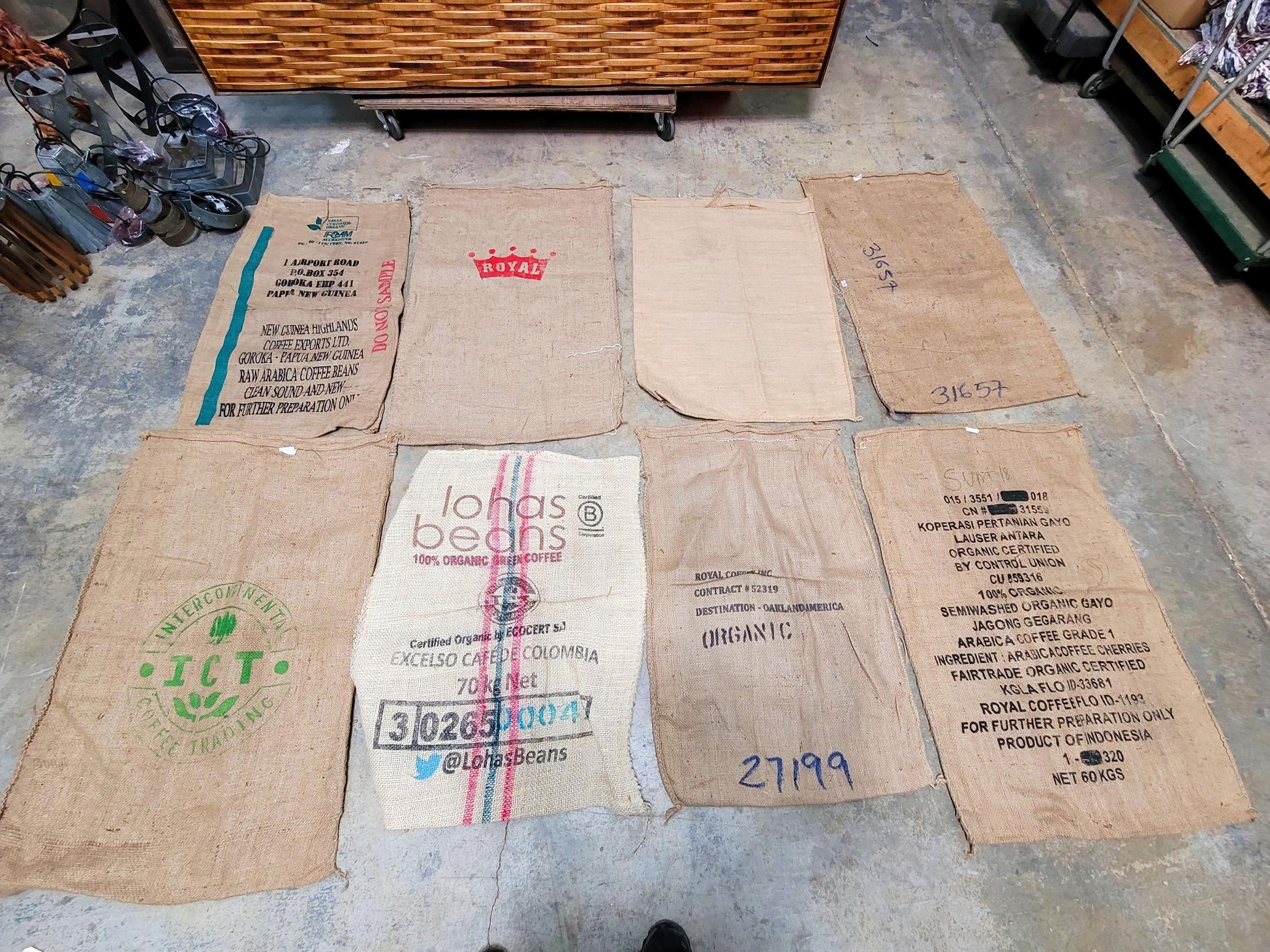 SALE Set of 8 Burlap Coffee bags plus one extra, my treat! 100% Recycled + Ready to Ship! 070524-3