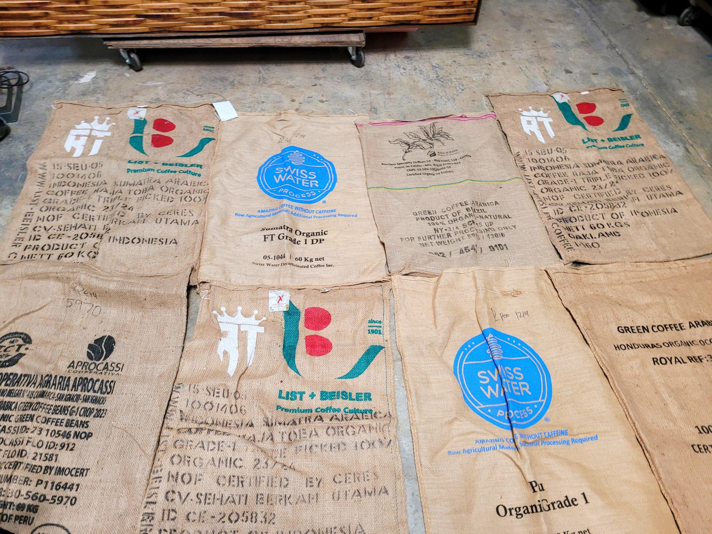 SALE Set of 8 Burlap Coffee bags plus one extra, my treat! 100% Recycled + Ready to Ship! 070524-8