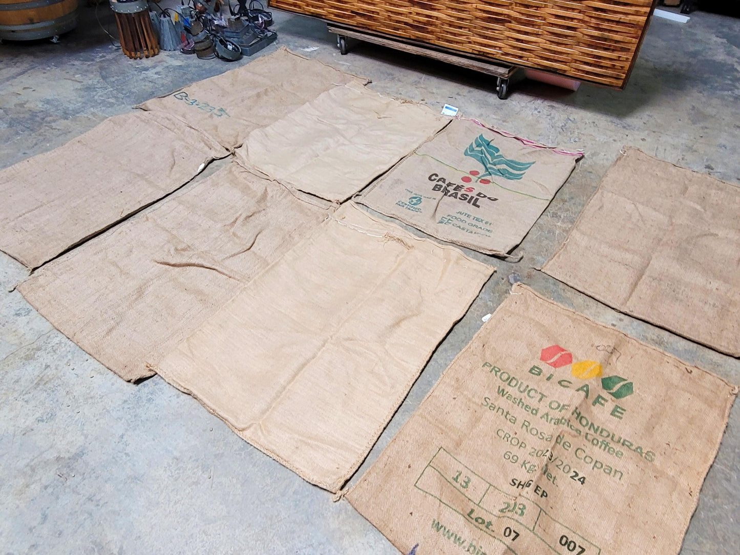 SALE Set of 8 Burlap Coffee bags plus one extra, my treat! 100% Recycled + Ready to Ship! 070524-8