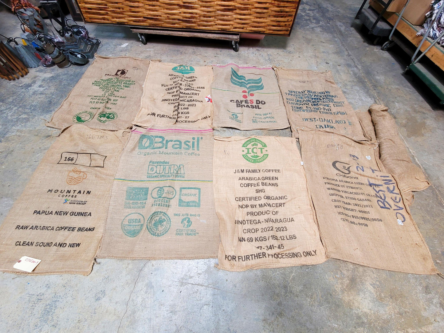 SALE Set of 8 Burlap Coffee bags plus one extra, my treat! 100% Recycled + Ready to Ship! 070524-9