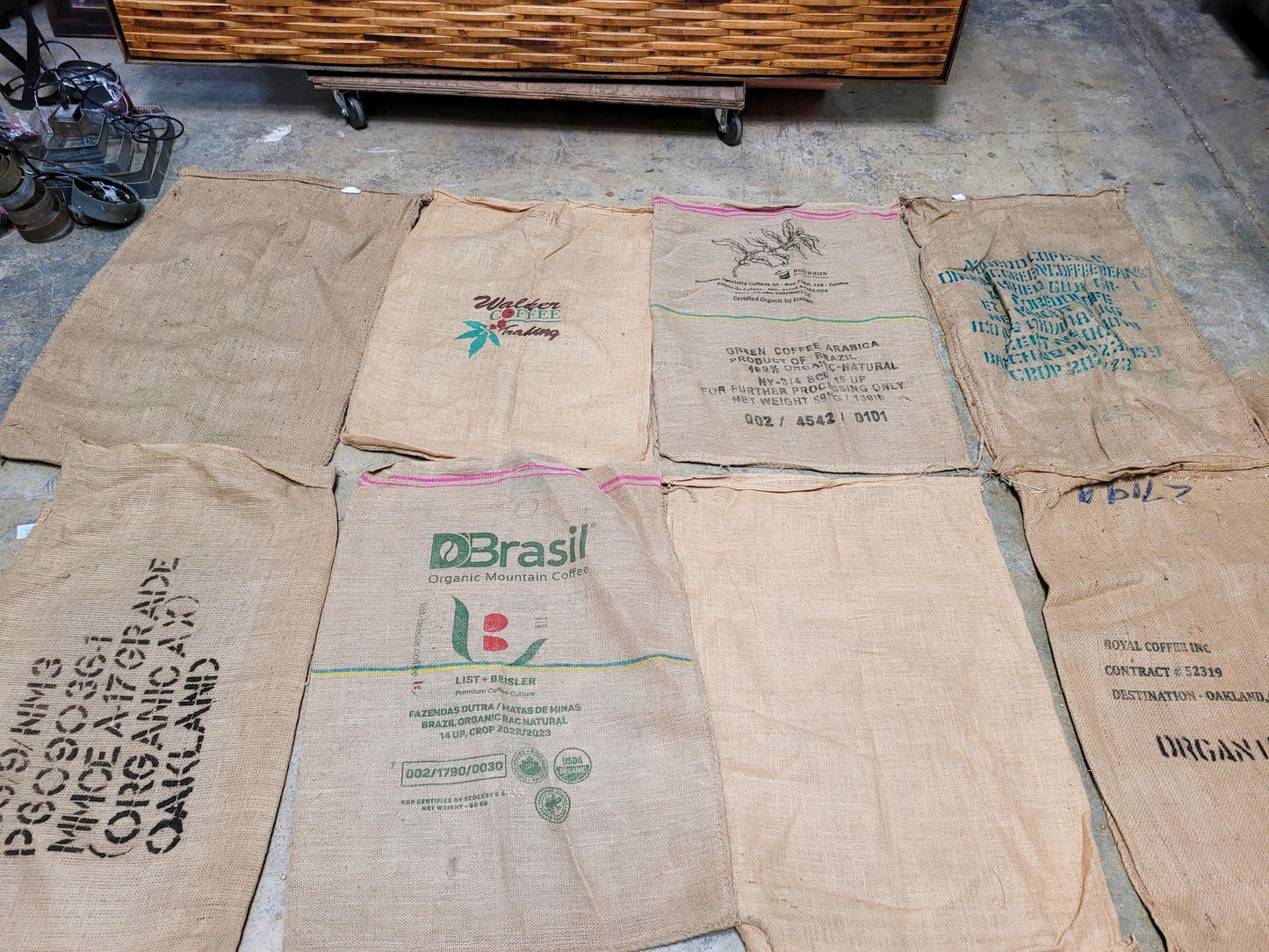 SALE Set of 8 Burlap Coffee bags plus one extra, my treat! 100% Recycled + Ready to Ship! 070524-9