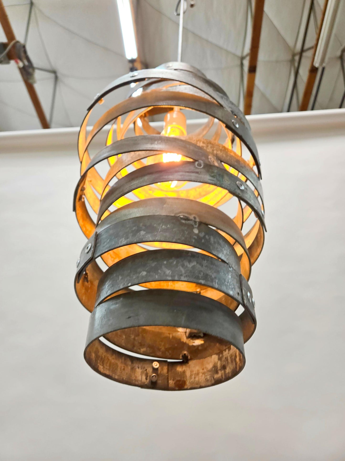 SALE Prototype Wine Barrel Ring Pendant Light - Made from Retired California wine barrel rings. 100% Recycled + Ready to Ship!