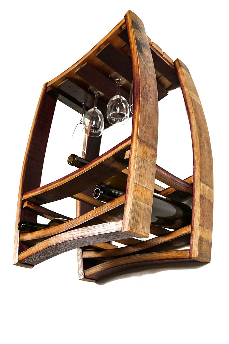 Wine Barrel Hanging Wine and Glass Rack - Rosato - Made from retired California wine barrels. 100% Recycled!
