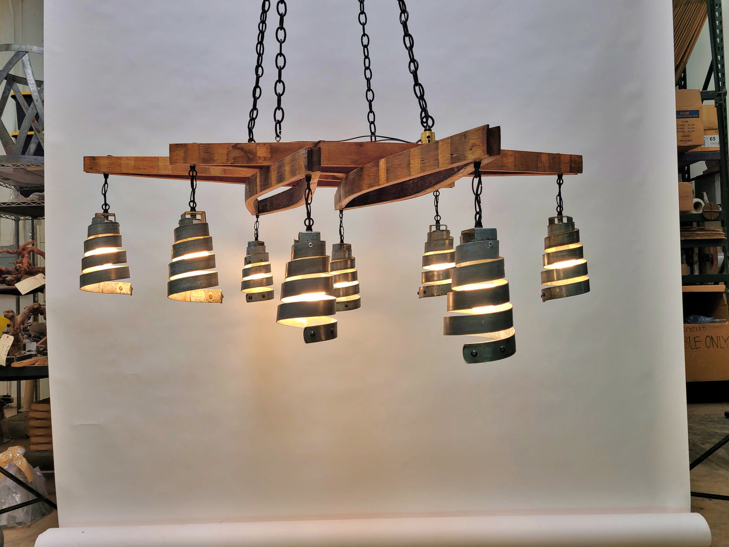 Wine Barrel Stave Chandelier with 8 Pendants - Cutat - Made from CA wine barrels. 100% recycled!