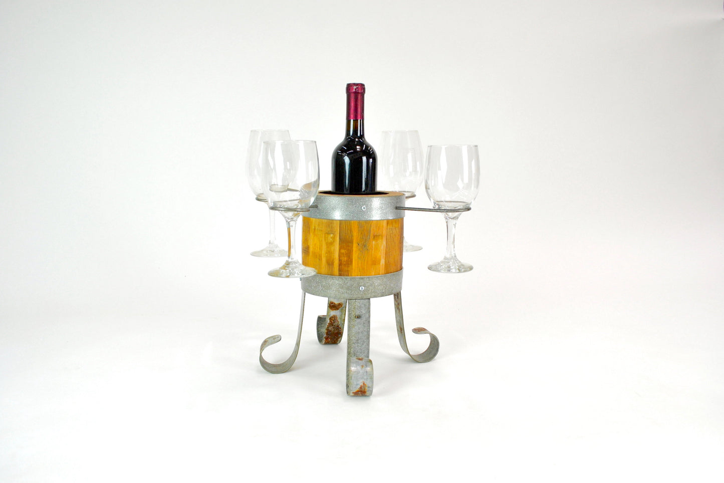 Wine Bottle Display and Glass Holder - Vinayi - Retired Napa Barrel Oak and Steel Tabletop Centerpiece