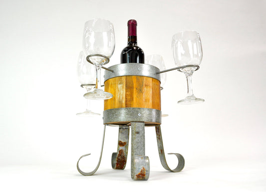 Wine Bottle Display and Glass Holder - Vinayi - Retired Napa Barrel Oak and Steel Tabletop Centerpiece
