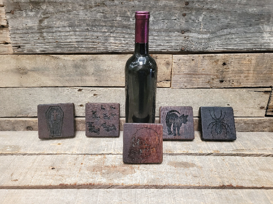 Halloween Wine Barrel Coasters - Coffin - Black Cat - Spider Web - Bats - Skull - Made from retired wine barrels - 100% Recycled!