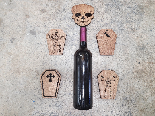 Halloween Wine Barrel Coasters - Coffin - Dracula - Mummy - Bats - Skull - Made from retired wine barrels - 100% Recycled!