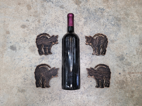 Halloween Black Cat Wine Barrel Coasters - Negru - Made from retired wine barrels - 100% Recycled!