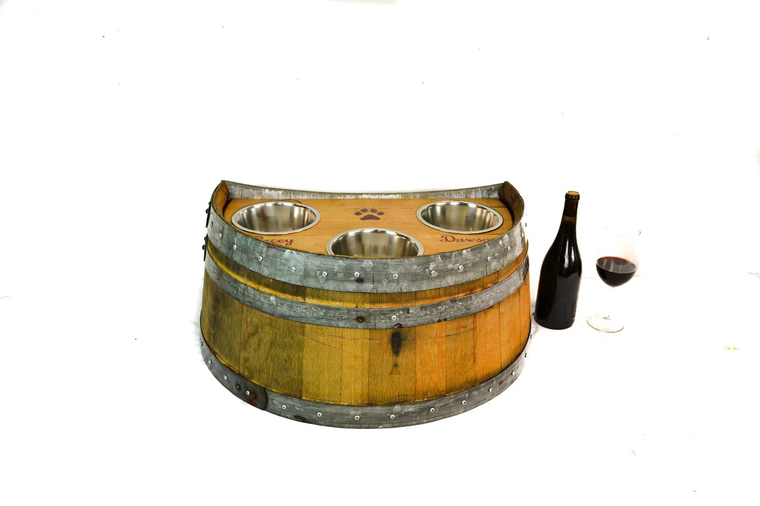 Wine Barrel Pet Feeder - Marmorata - Elevated food and water station made from CA wine barrels. 100% Recycled!
