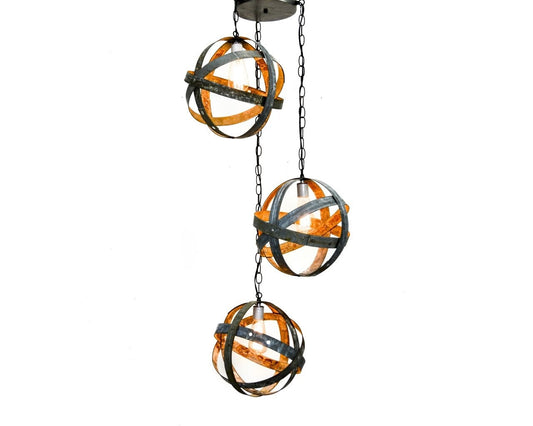 Triple Globe Barrel Ring Chandelier - Apex - Made from retired California wine barrel rings. 100% Recycled!