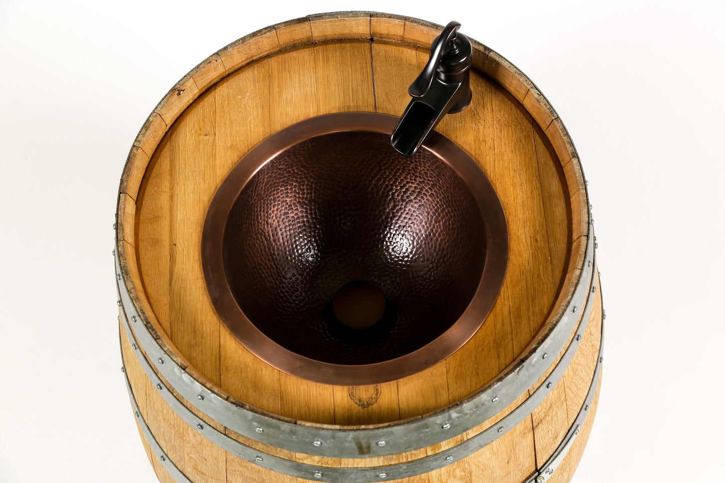 Wine Barrel vanity with hammered copper sink and faucet - Pranya - Free Standing Barrel Vanity with Door