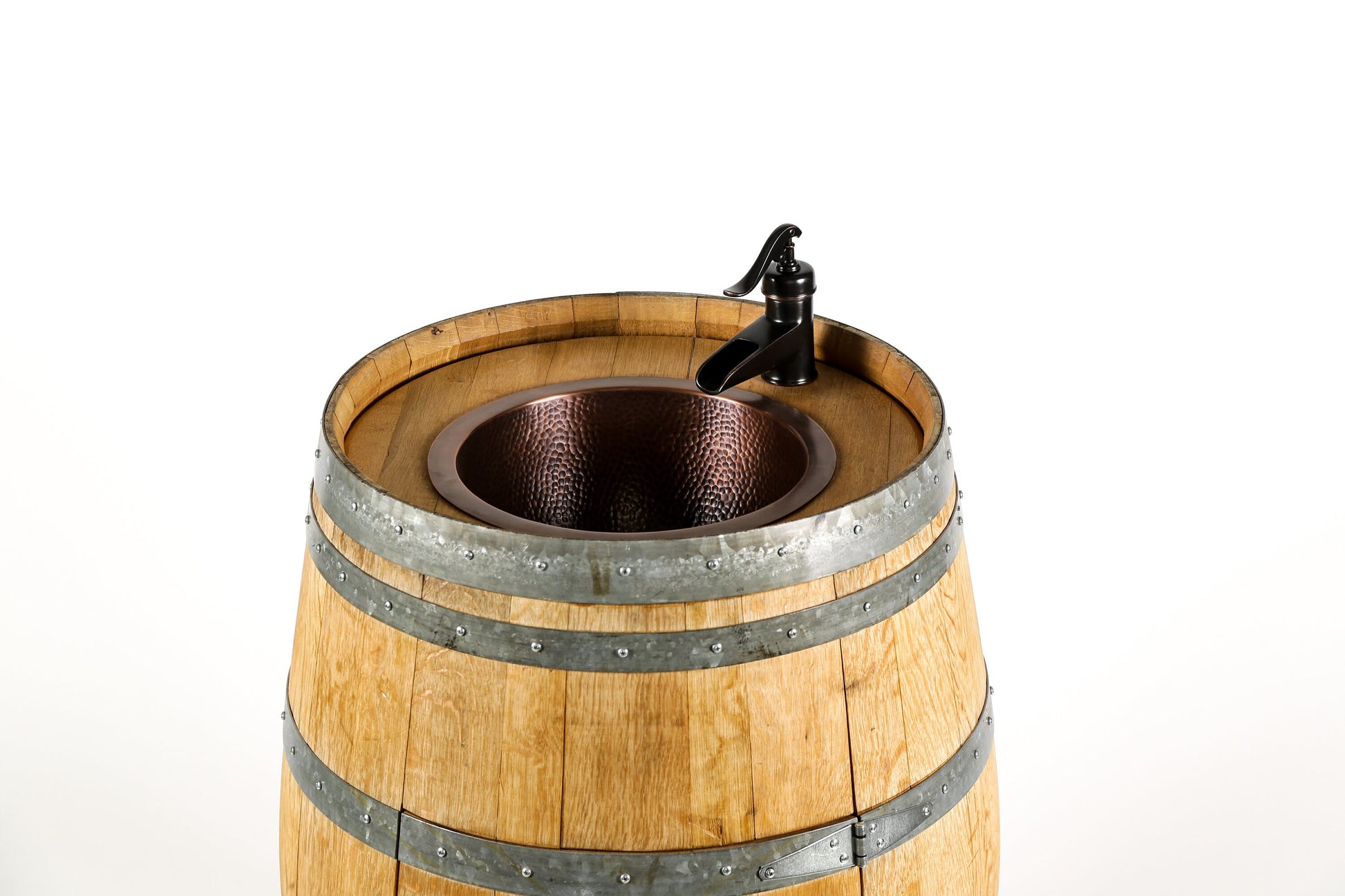 Wine Barrel vanity with hammered copper sink and faucet - Pranya - Free Standing Barrel Vanity with Door