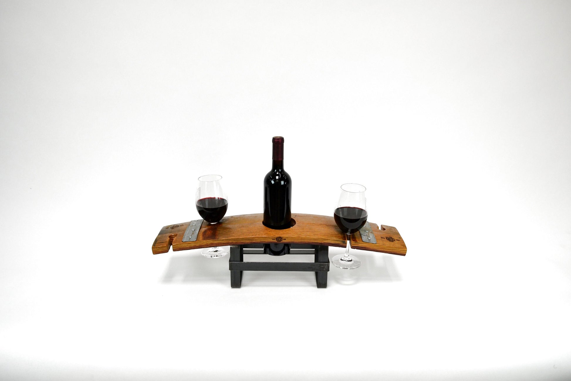 Barrel Stave and Steel Wine Flight - Zabibu - 4 glass wine flight and bottle stand. 100% Recycled!