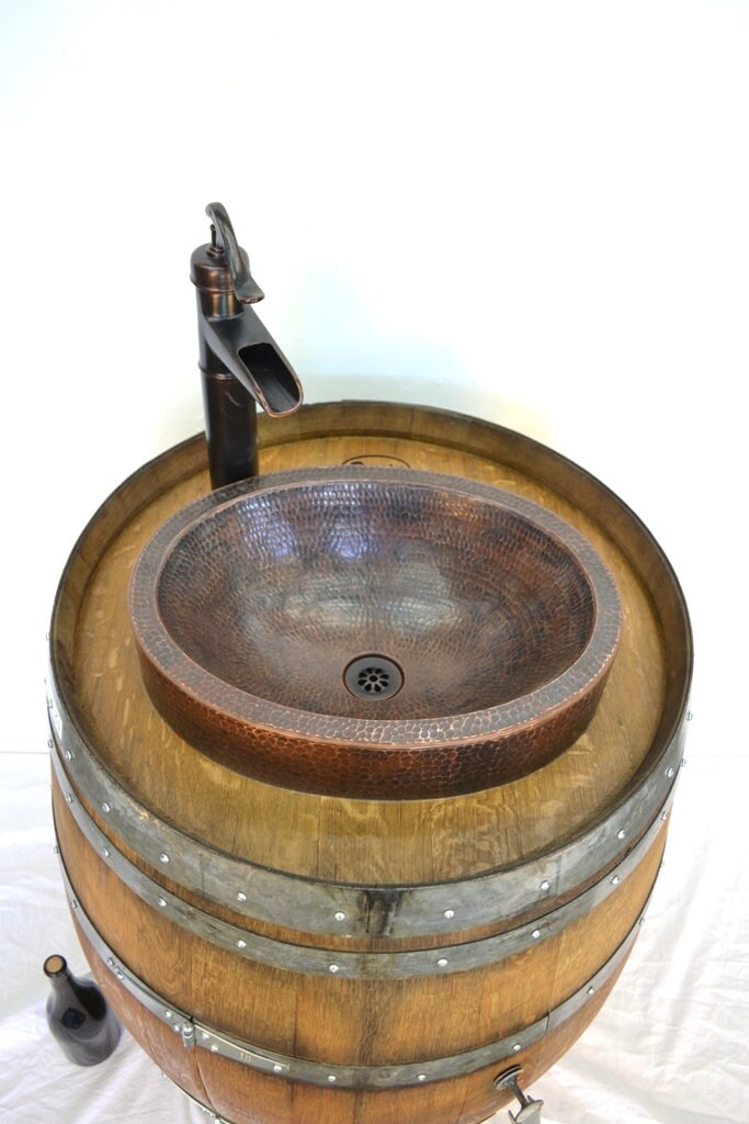 Wine Barrel Sink Skirted Copper Sink and Faucet - Vanyi - Made from a retired CA wine barrel 100% Recycled!