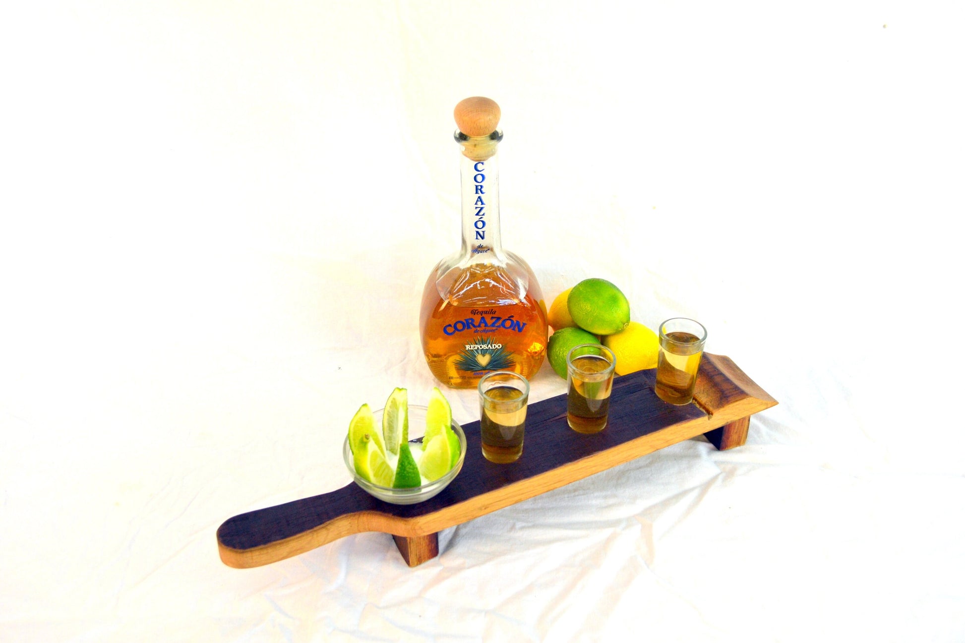 Barrel Stave Tequila Flight - Tola - 3 glass server made from retired California wine barrels. 100% Recycled!