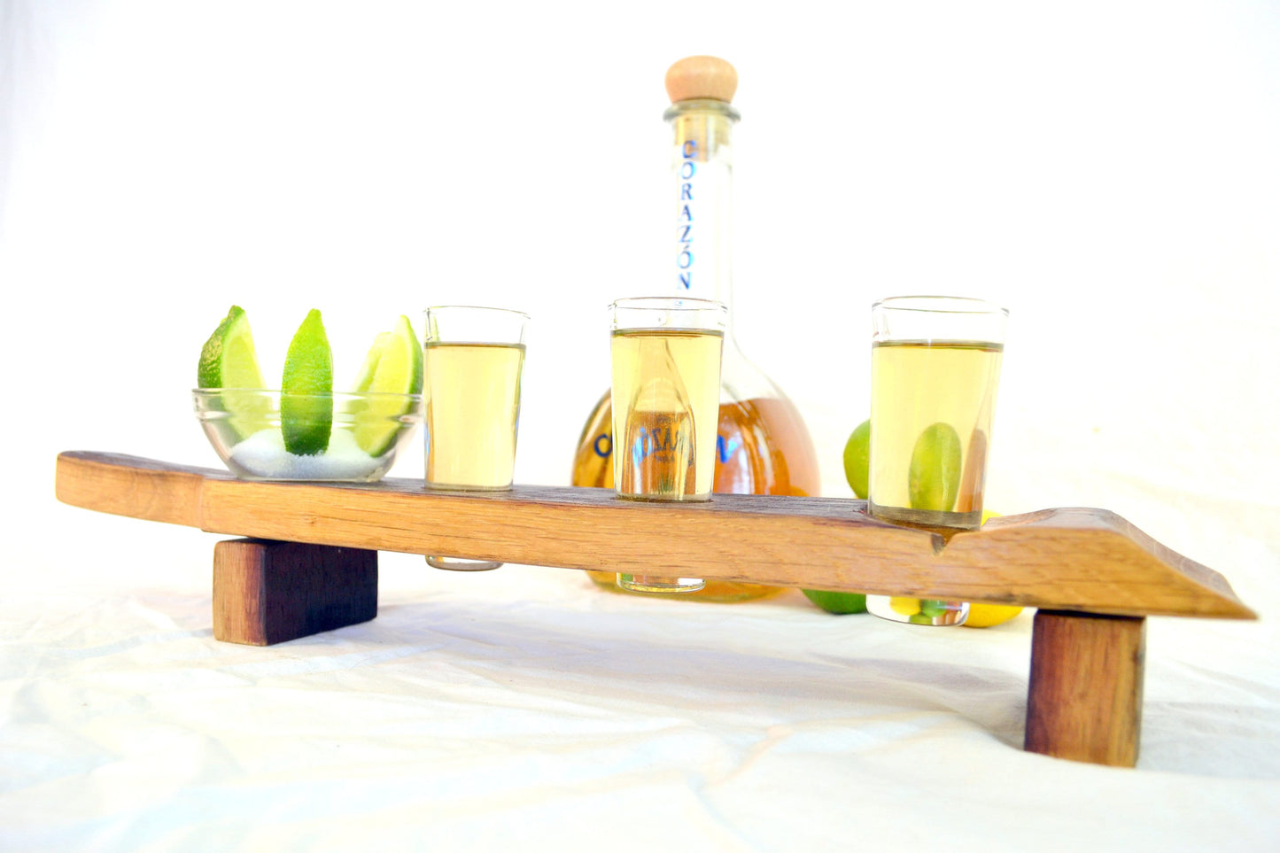 Barrel Stave Tequila Flight - Tola - 3 glass server made from retired California wine barrels. 100% Recycled!