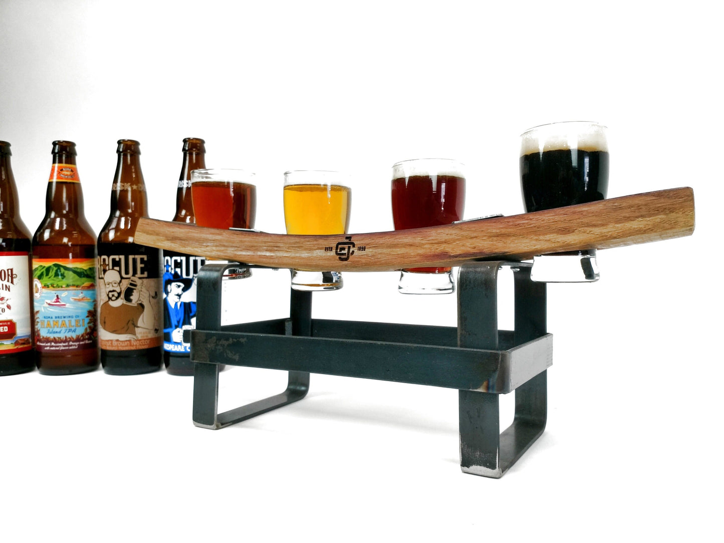 Barrel Stave and Steel 4 Glass Beer Flight - Lovia - Made from reclaimed California wine barrels. 100% Recycled!