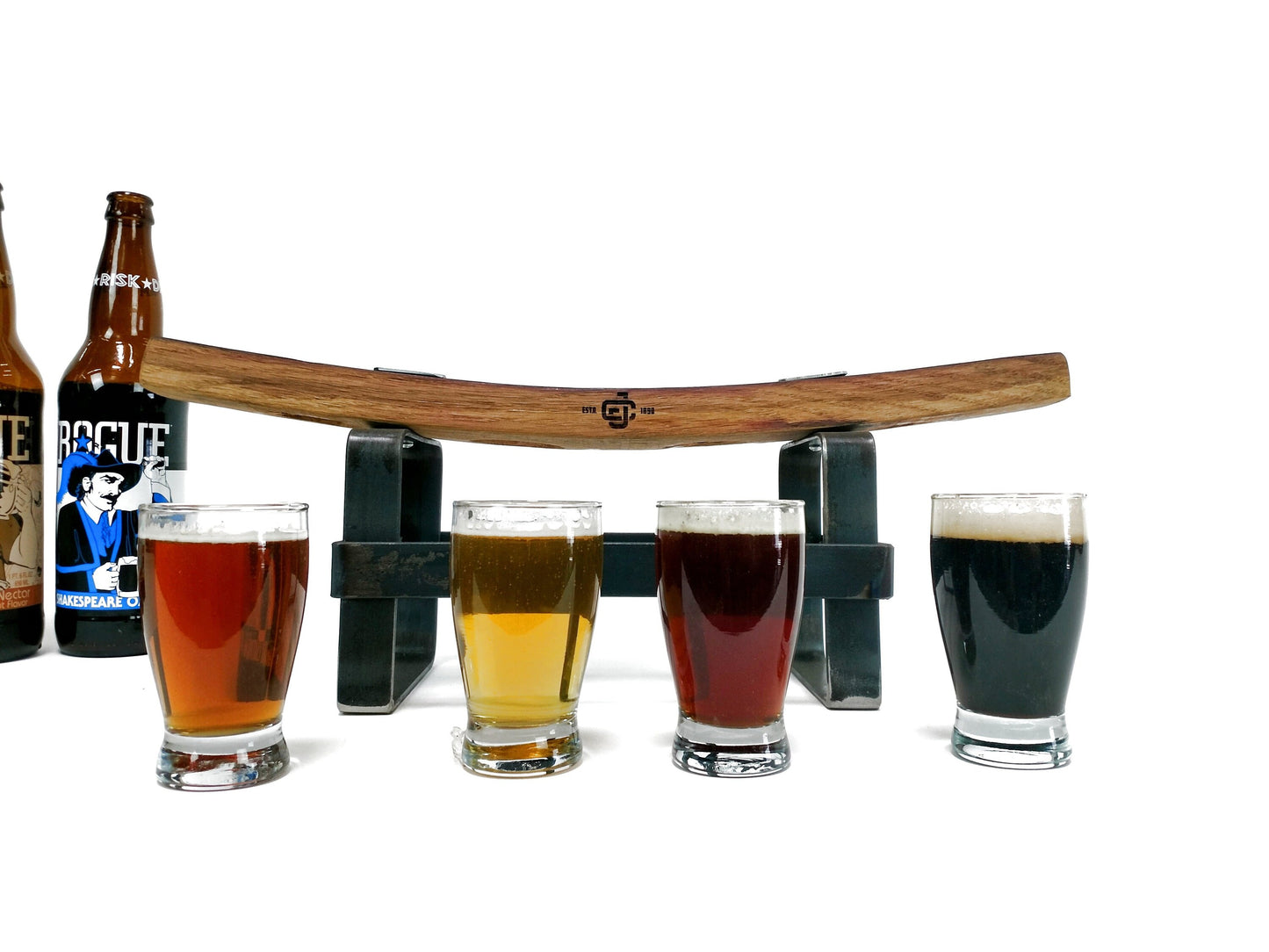 Barrel Stave and Steel 4 Glass Beer Flight - Lovia - Made from reclaimed California wine barrels. 100% Recycled!