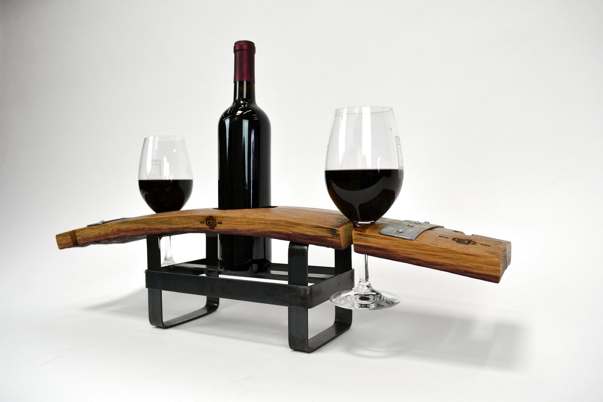 Barrel Stave and Steel Wine Flight - Zabibu - 4 glass wine flight and bottle stand. 100% Recycled!