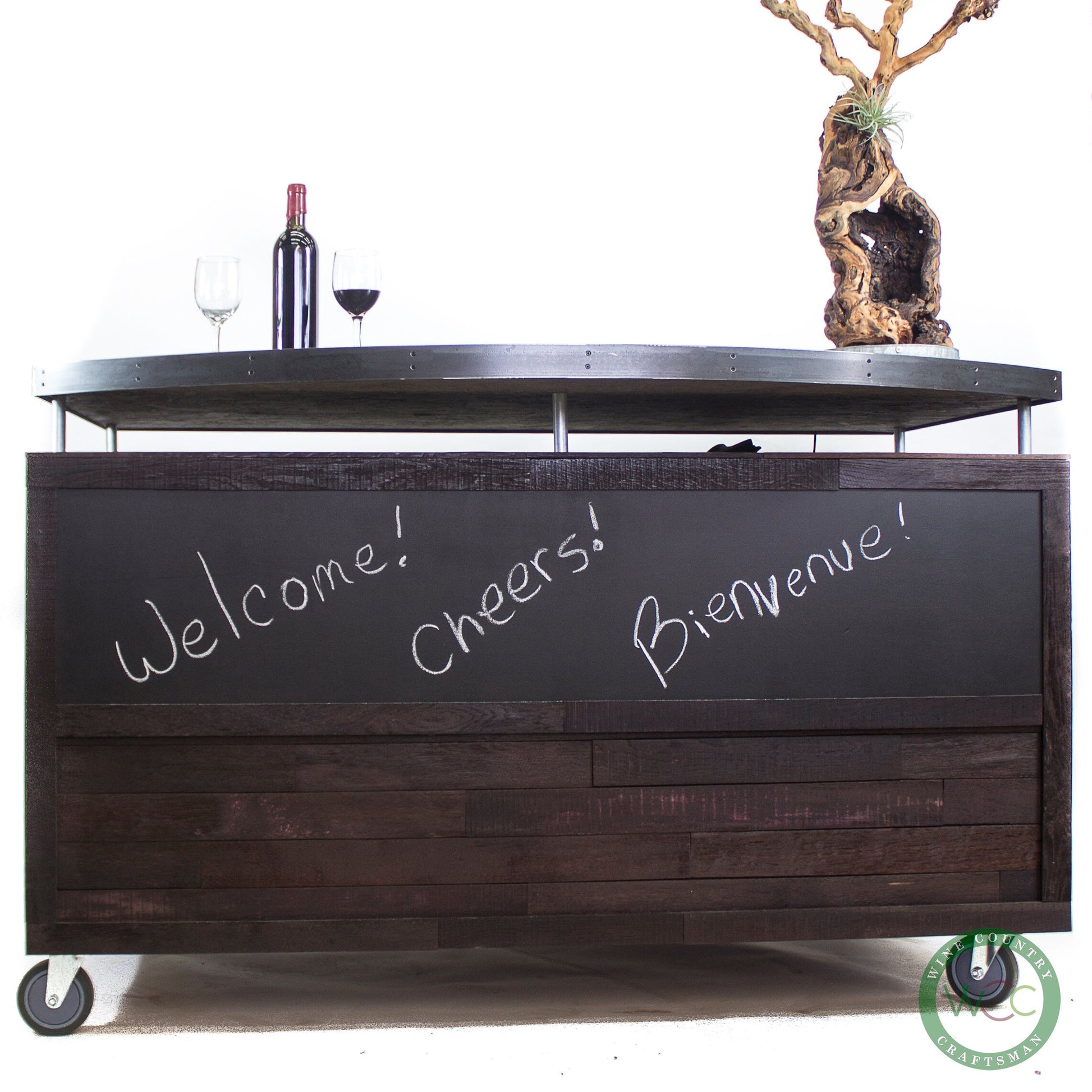 Chalkboard Hostess Stand or Bar - Magnifique - made from reclaimed CA wine barrels with Chalkboard front. 100% Recycled!