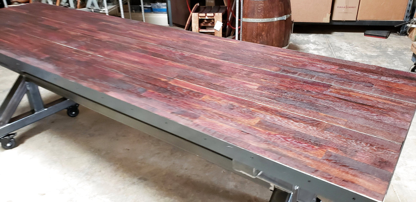 Mobile Tasting Dining Table - Tirah - Table Made from retired CA wine barrels and recycled steel. 100% Recycled!