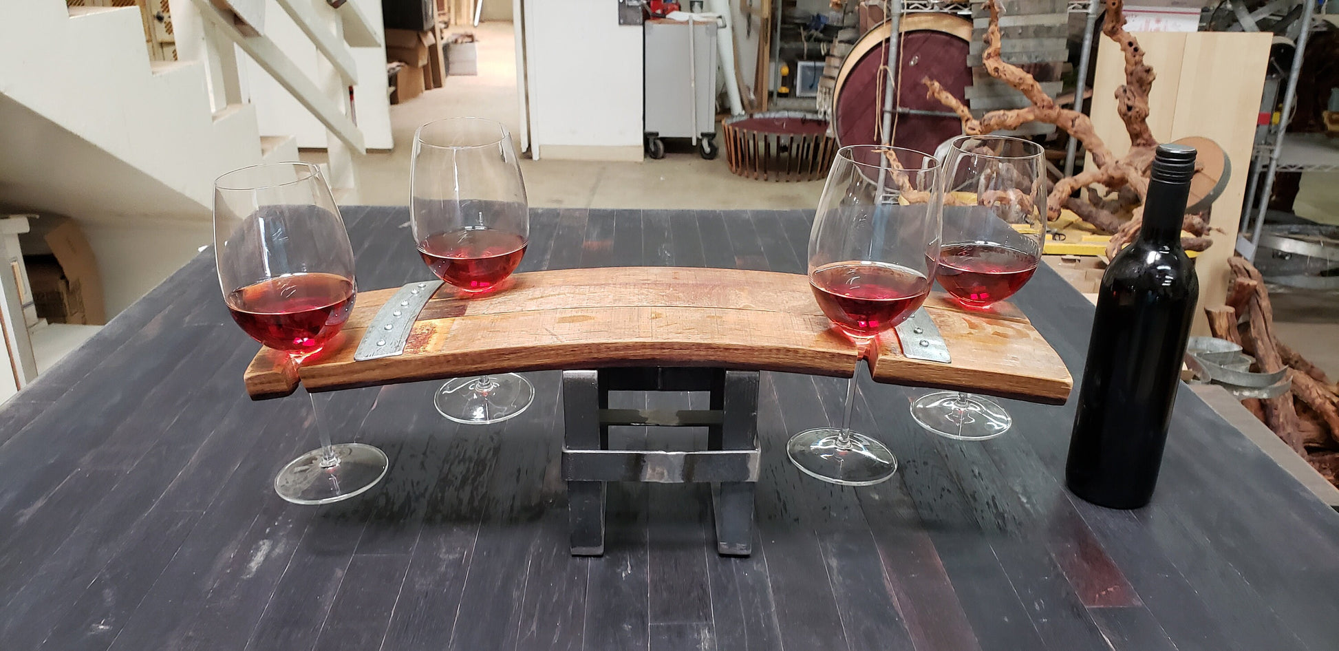 Barrel Stave Wine Flight - Temiz - 4 glass stand made from retired CA wine barrels 100% Recycled!