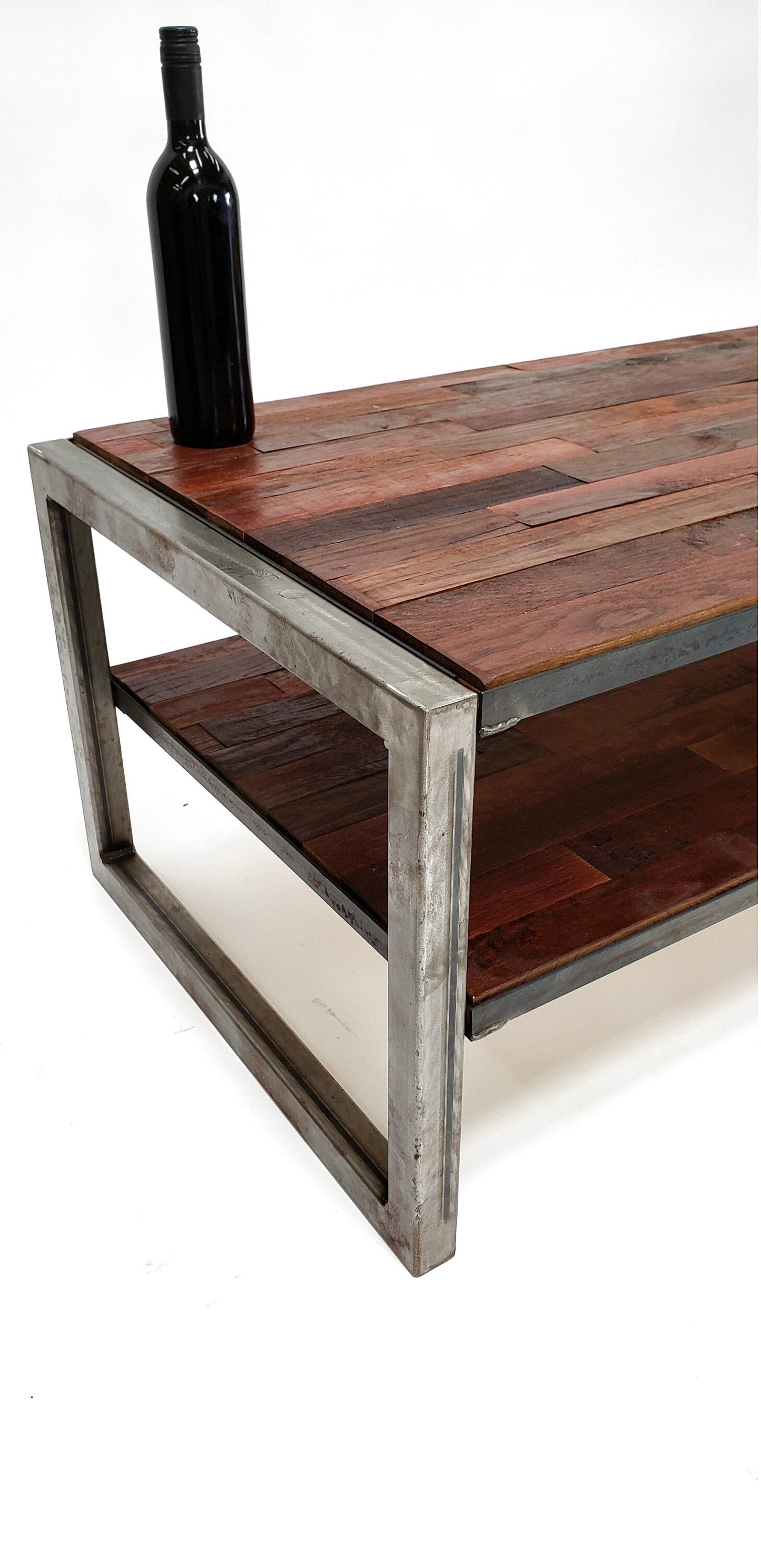 California Wine Barrel and Hand Welded Recycled Steel Coffee Table - Kafe - Cask Oak Side Table. 100% Recycled!