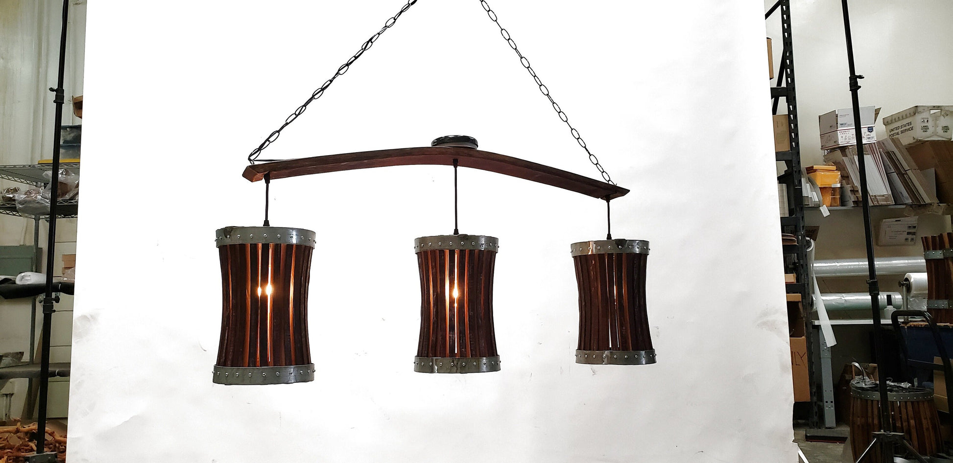 Wine Barrel Chandelier - Cubeta - with Triple Pannier Pendants Made entirely from Retired CA Wine Barrels. 100% Recycled!