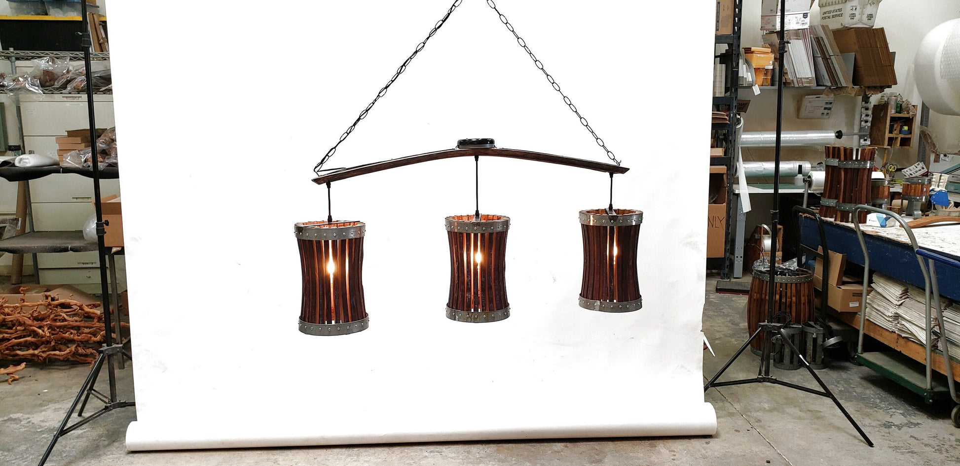 Wine Barrel Chandelier - Cubeta - with Triple Pannier Pendants Made entirely from Retired CA Wine Barrels. 100% Recycled!