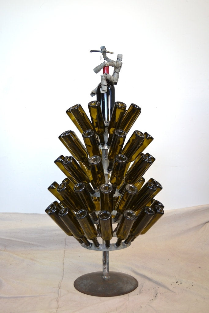 Wine Barrel Bottle Tree with Wine Bot Topper - Winter's Day - made from retired local wine barrel rings 100% Recycled!