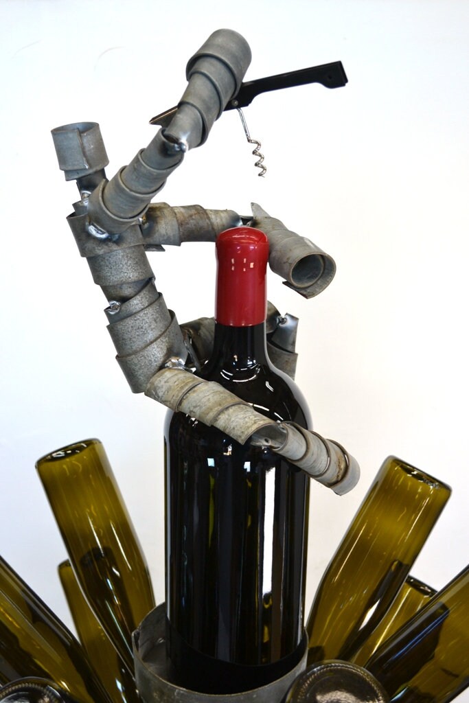 Wine Barrel Bottle Tree with Wine Bot Topper - Winter's Day - made from retired local wine barrel rings 100% Recycled!