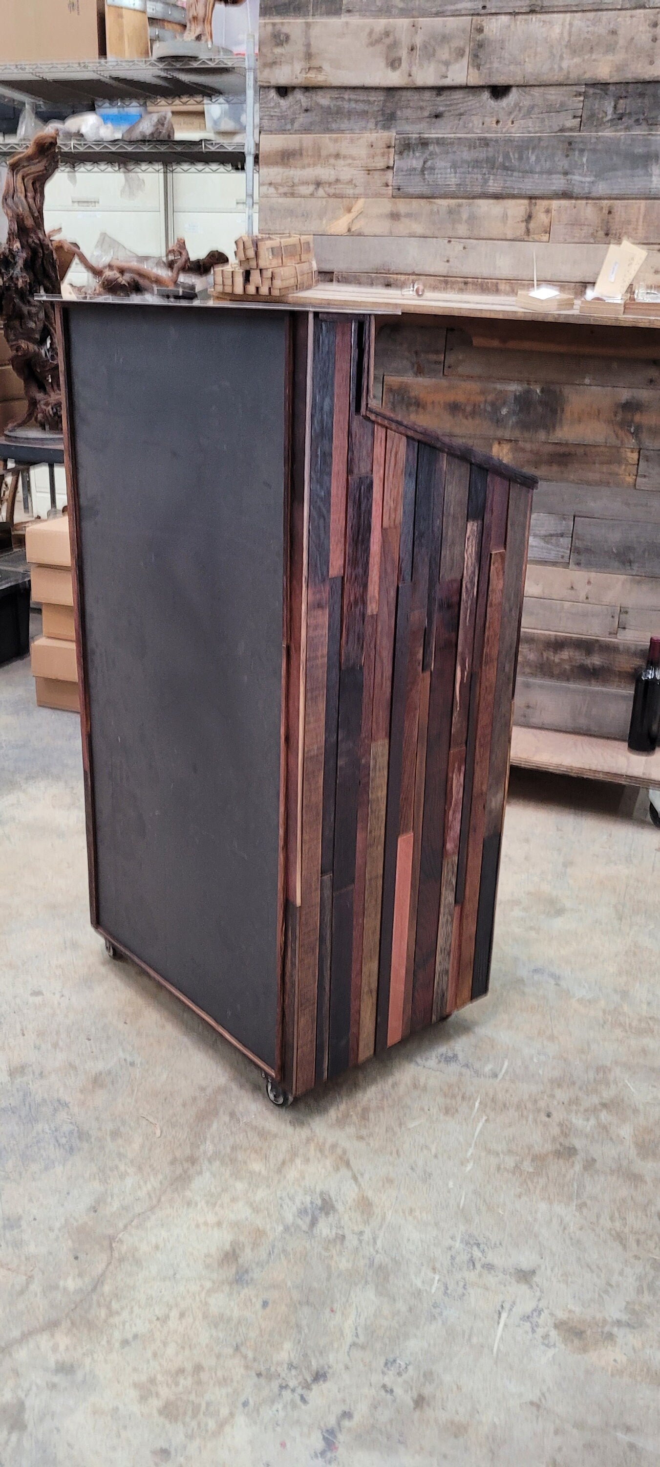 Hostess Stand Lectern POS - Leggio - made from reclaimed California oak wine barrels with chalkboard. 100% Recycled!