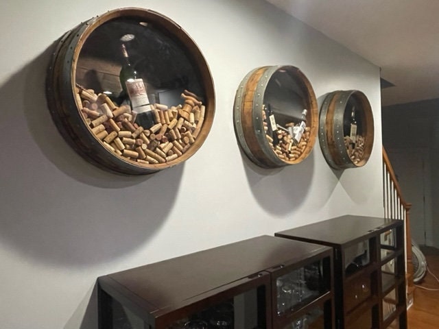 Wall Mounted Wine Bottle & Cork Display - Kala - Retired Napa Barrels with custom personalized engraving!