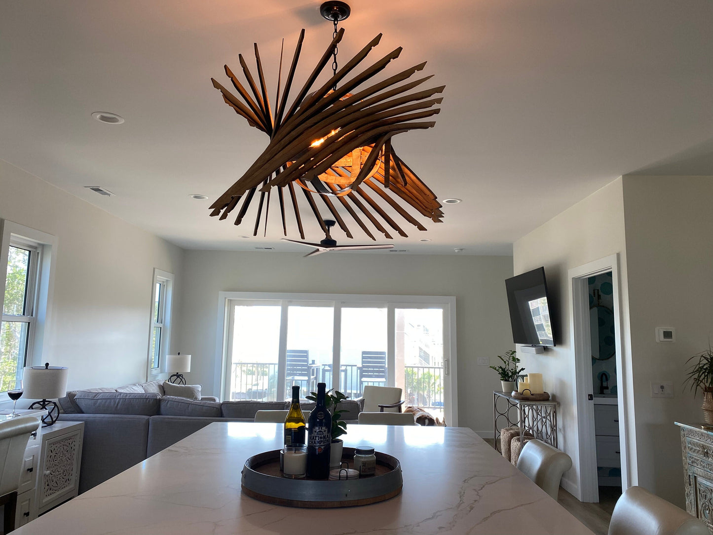 Wine Barrel Chandelier - Helicoid - made from retired California wine barrels. 100% Recycled!
