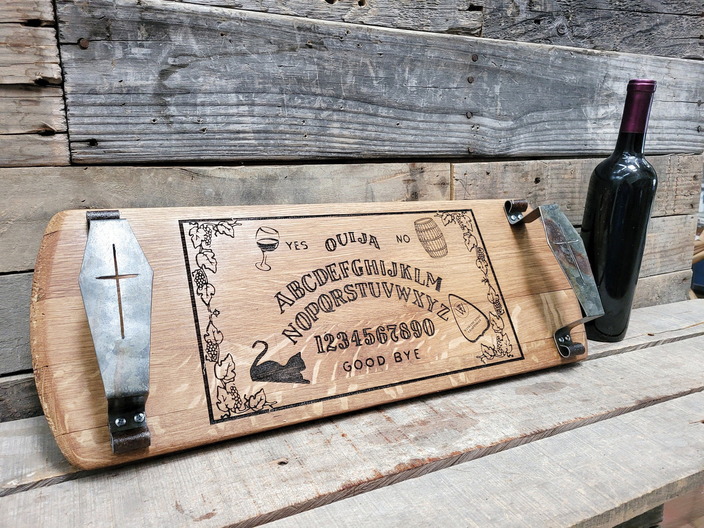 Halloween Cutting / Serving Board w/ Coffin Handles - Ouija - Made from retired California wine barrels. 100% Recycled!