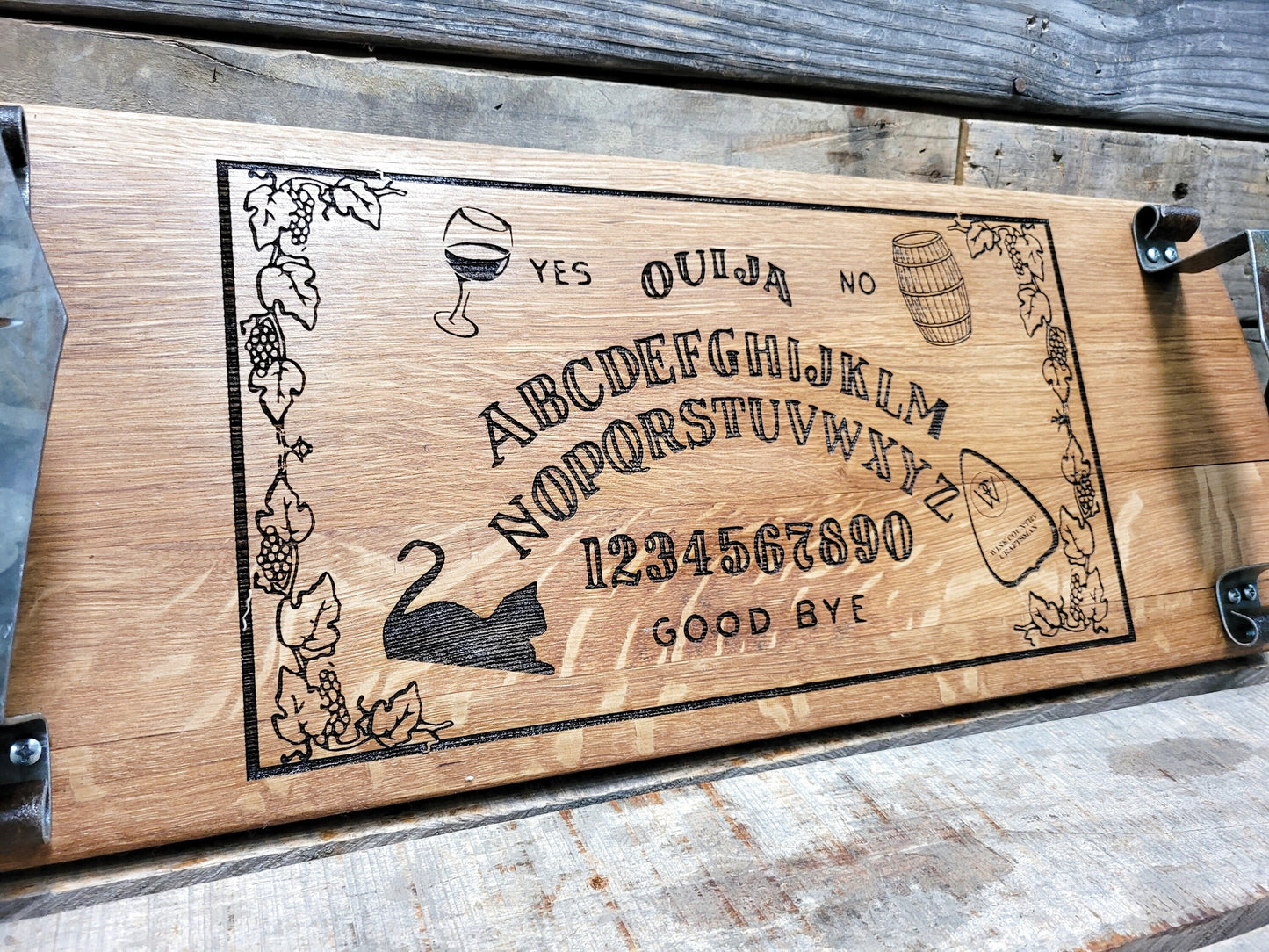 Halloween Cutting / Serving Board w/ Coffin Handles - Ouija - Made from retired California wine barrels. 100% Recycled!